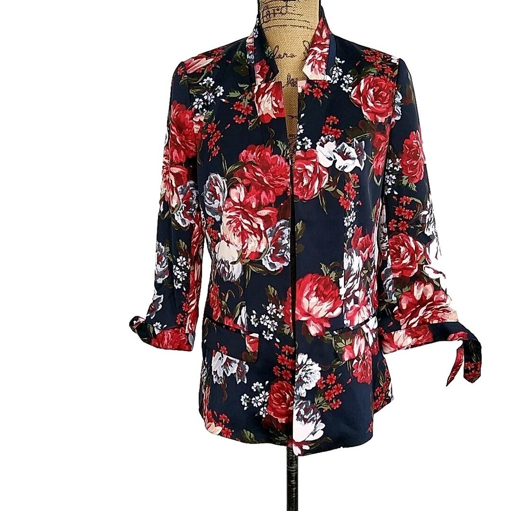 Loft Blazer‎ Open Front Blue Red Floral 3/4 Sleeve Tie Cottagecore Boho sz Sp